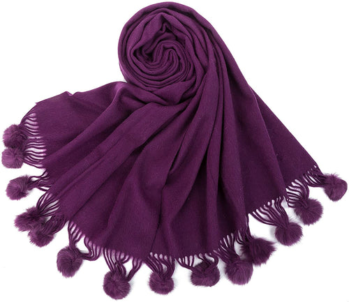 World of Shawls Women's Winter Warm Solid Scarf with Pom Pom Fringe - World of Scarfs